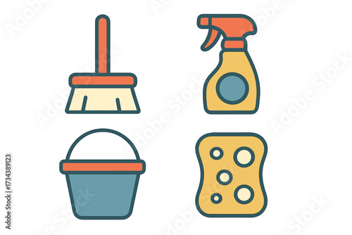 Essential household cleaning supplies set including a broom, spray bottle, bucket, and sponge for domestic chores and hygiene