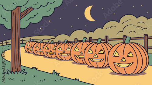 A charming halloween night scene featuring a row of carved pumpkins with cheerful expressions, set along a winding path under a crescent moon and starry sky