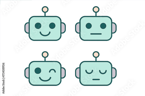 Set of cute robot heads displaying diverse facial expressions, symbolizing artificial intelligence and modern technology