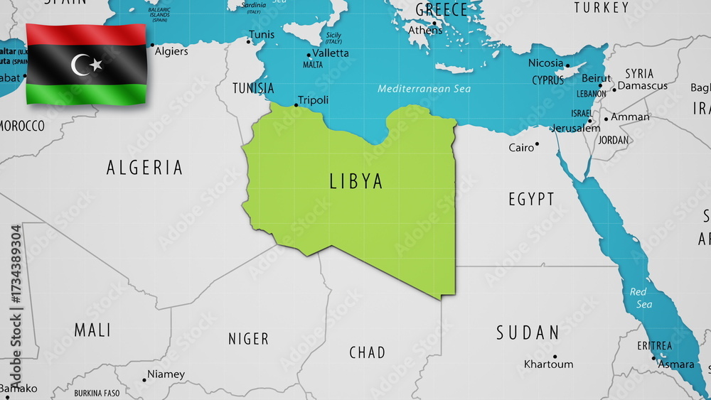 Fototapeta premium Libya on the World Map with the country's national flag flying.