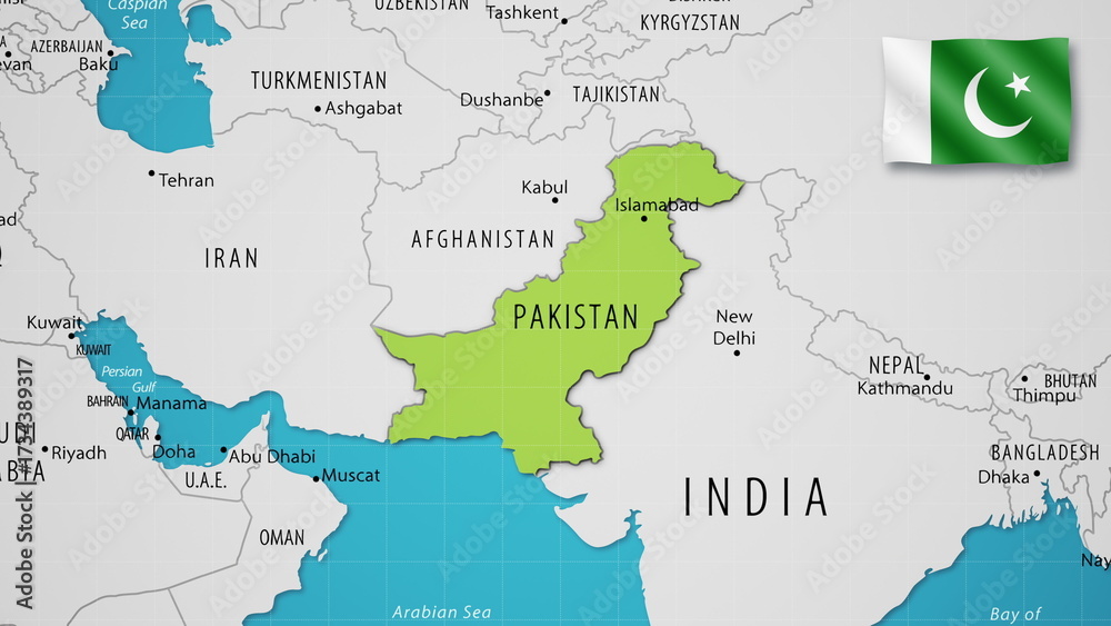 Fototapeta premium Pakistan on the World Map with the country's national flag flying.