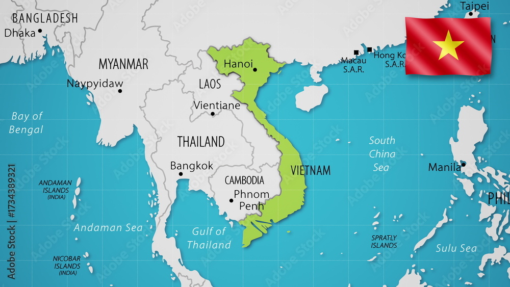 Fototapeta premium Vietnam on the World Map with the country's national flag flying.