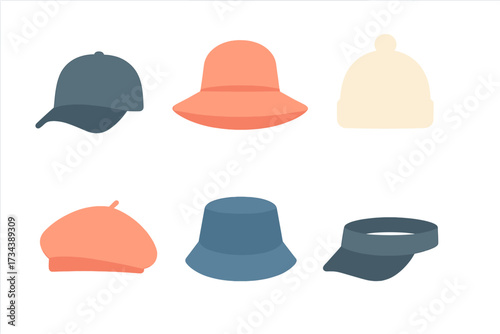 Stylish headwear designs featuring a diverse collection of caps, sun hats, beanies, berets, and visors