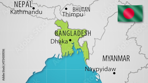 Bangladesh on the World Map with the country's national flag flying.