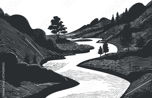 A serene black and white illustration of a winding river through mountainous terrain and trees..