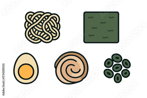 Collection of essential ramen ingredients featuring noodles, seaweed, a halved egg, sliced pork, and chopped green onions