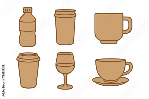 Stylized collection of essential drinkware items and beverage containers for daily use including coffee cups, water bottles, and wine glasses