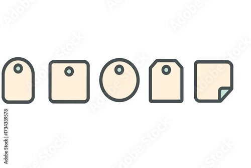 Blank price tags and labels in various shapes with rounded corners and holes for attachment, ideal for retail and e-commerce design