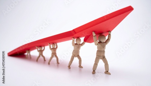 Group of people holding and supporting a rising red arrow, representing business growth, financial success, teamwork, profit increase, and positive performance concept on white background.