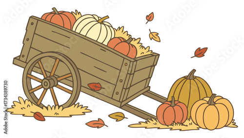 A charming handdrawn illustration showcases a wooden cart brimming with pumpkins, surrounded by fallen leaves, evoking the essence of autumn harvest season
