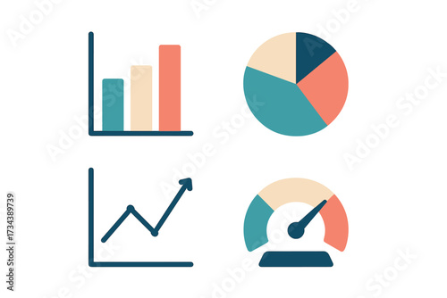 Visual representation of business data analysis charts and graphs including bar chart pie chart line graph and performance indicator gauge for financial reporting and growth