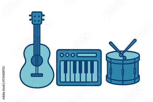 Collection of musical instruments including acoustic guitar, electronic keyboard, and snare drum with drumsticks
