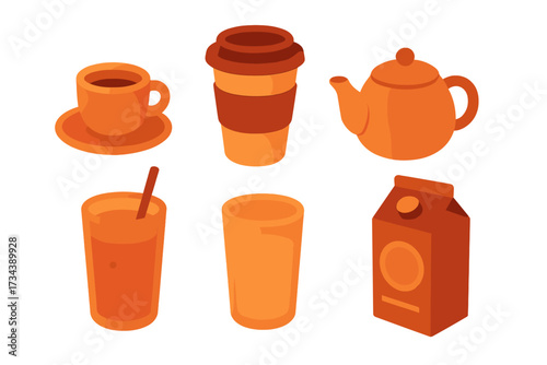 Assortment of hot and cold beverage containers including coffee cup, teapot, and milk carton