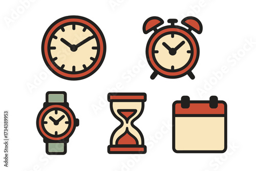 Timepiece and calendar symbols for planning, scheduling, and managing deadlines, representing various time-related concepts and organization tools