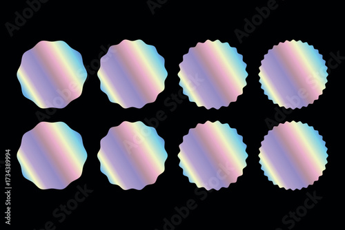 Holographic sticker. Hologram labels in circle shapes. Holographic iridescent shiny textured stickers for product guarantee and quality. Vector set