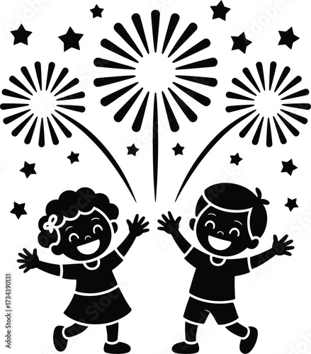 Celebration fireworks kids vector illustration happy children party event design graphic festive stars joy 100