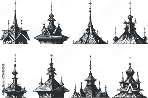 A collection of intricate rooftop designs showcasing various architectural styles and decorative elements..