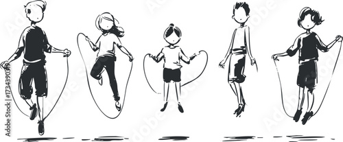 Children joyfully jumping rope together in a playful outdoor setting showcasing fun and exercise..