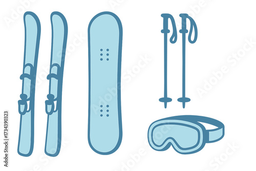 Winter sports equipment set featuring skis, snowboard, poles, and protective goggles for snow activities
