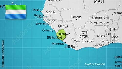 Sierra Leone on the World Map with the country's national flag flying.