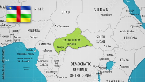 Konstfotografi Central African Republic on the World Map with the country's national flag flying