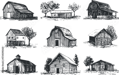 A collection of hand-drawn barn illustrations showcasing various rural structures and landscapes..
