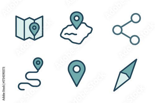 Diverse collection of navigation and location icons, featuring essential symbols like map, GPS pin, travel path, share, and compass for digital interfaces
