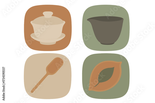 Traditional tea ceremony utensils and accessories set including a gaiwan, pitcher, scoop, and tea leaf
