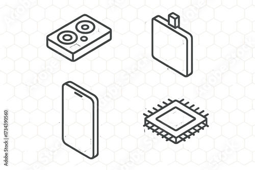 Isometric line icons of modern technology devices and electronic components including smartphone, camera, USB drive, and microchip
