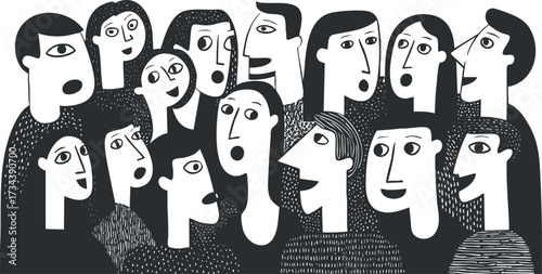 A stylized illustration of diverse faces expressing emotions in a crowd setting..