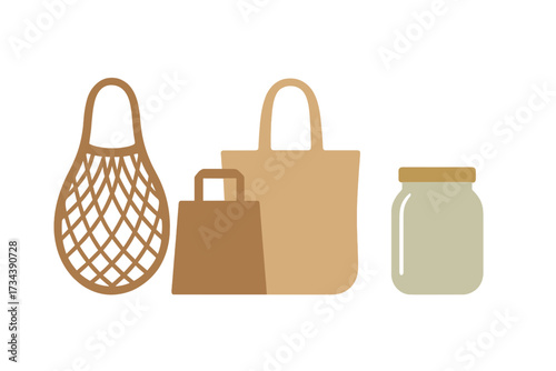 Collection of eco-friendly reusable shopping bags and glass jar for sustainable living and zero waste lifestyle