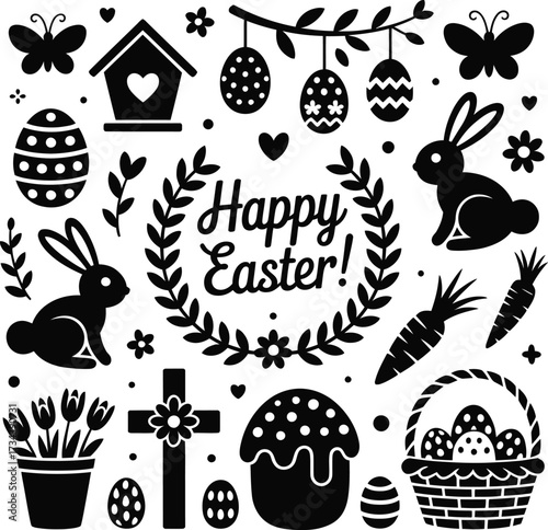 Happy easter vector illustration with bunny eggs basket and floral wreath for greeting card design