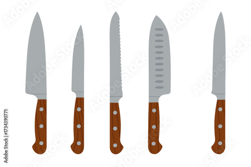 Collection of various kitchen knives with wooden handles for cooking, slicing, dicing, and food preparation