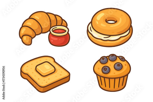 Assortment of classic breakfast pastries and bread items including croissant, bagel, toast, and muffin with spreads
