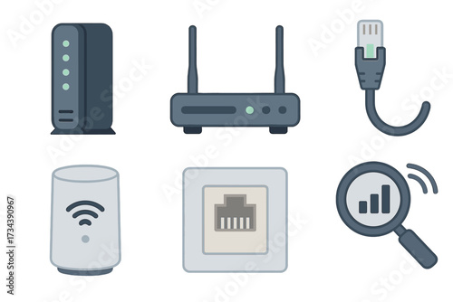 Internet and network connection devices with wireless technology, data search icons, and digital communication symbols