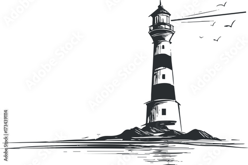 A black and white illustration of a lighthouse standing on a rocky shore by the sea..