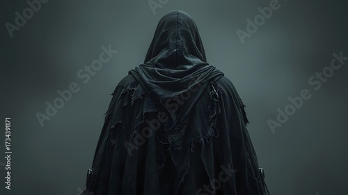 A mysterious, hooded figure dressed in a dark, tattered cloak, viewed from the back against a simple, somber dark grey studio background, symbolizing anonymity or death