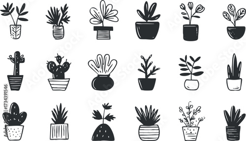 A collection of hand-drawn potted plants including cacti and succulents in various styles..