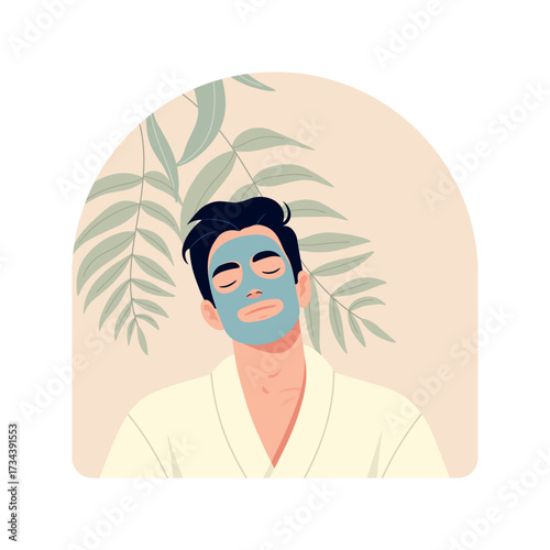 Man relaxing with a facial mask in a spa. Self-care, skincare routine, and wellness concept in modern flat style vector illustration.