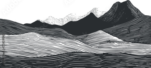 Stylized black and white landscape illustration featuring mountains and rolling hills with wavy lines..