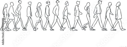 A continuous line art illustration of diverse people walking in a dynamic and artistic manner..