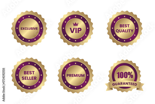 Luxury Promotional Badge Sticker Set Purple with VIP, Premium, Exclusive, Best Seller, VIP, Best Quality, Top Rated Guaranteed Labels