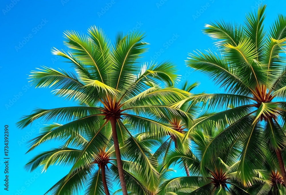 Fototapeta premium Lush green palm trees against a vibrant blue sky, tropical landscape, botany