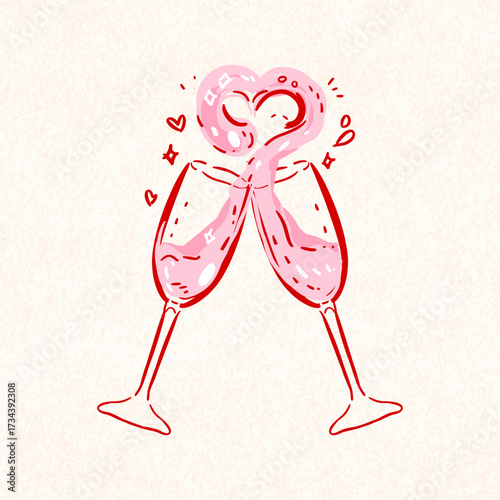 Champagne glasses clinking, Champagne with Ribbon Ties, Champagne Wedding Glasses Card, Save the Date Invitation, line champagne cheers one line art, continuous drawing contour, Champagne Glasses 