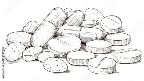 Detailed Drawing of Various Pills Arranged in a Bunch for Medical Concept Artwork