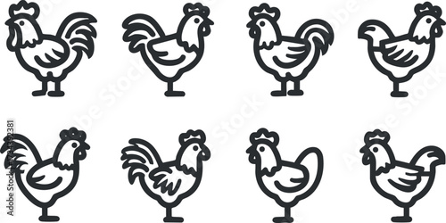 A collection of cute cartoon chickens and roosters in various poses on a white background..