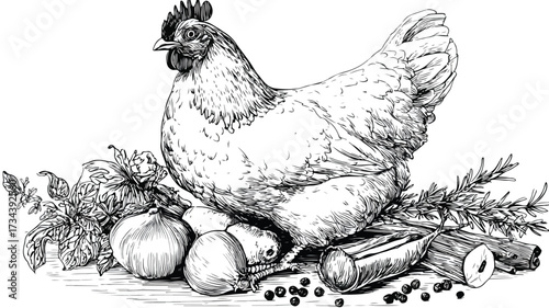 Illustration of Chicken with Fresh Vegetables, Farm to Table Concept