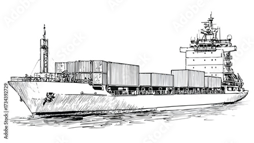 Professional Drawing of Container Ship with Large Containers for Transportation