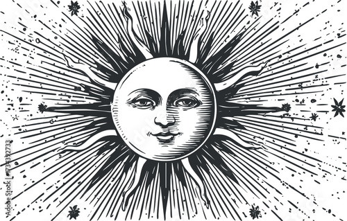 Vintage illustration of a sun with a face and radiating rays in black and white..