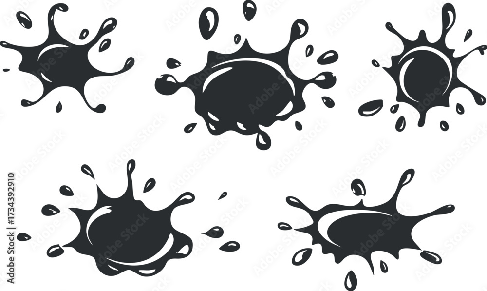 Fototapeta premium A collection of artistic black liquid splashes and drops in various shapes and sizes..
